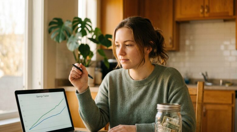 Person placing coins into a glass jar labeled emergency fund on a wooden desk
