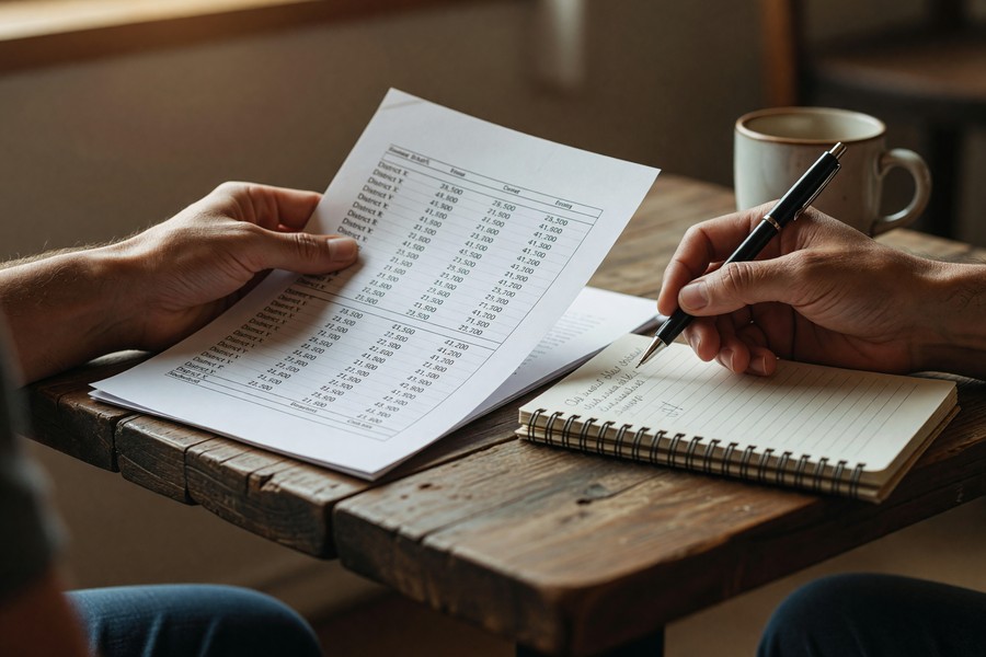Renter and landlord reviewing a lease renewal document at a table