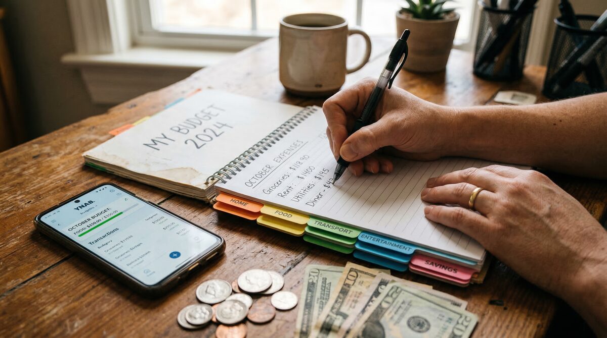 Hands writing in a budget notebook with colorful category tabs and a budgeting app on smartphone
