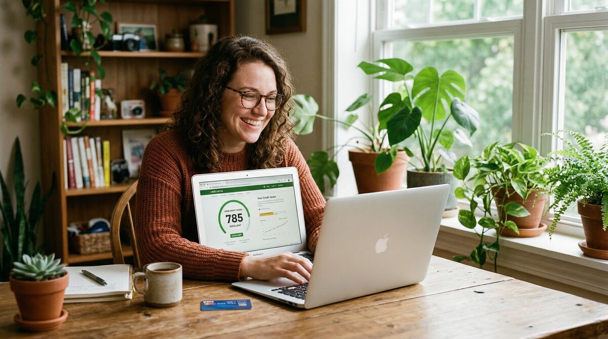 Person smiling while checking credit score on laptop at home office with plants in background