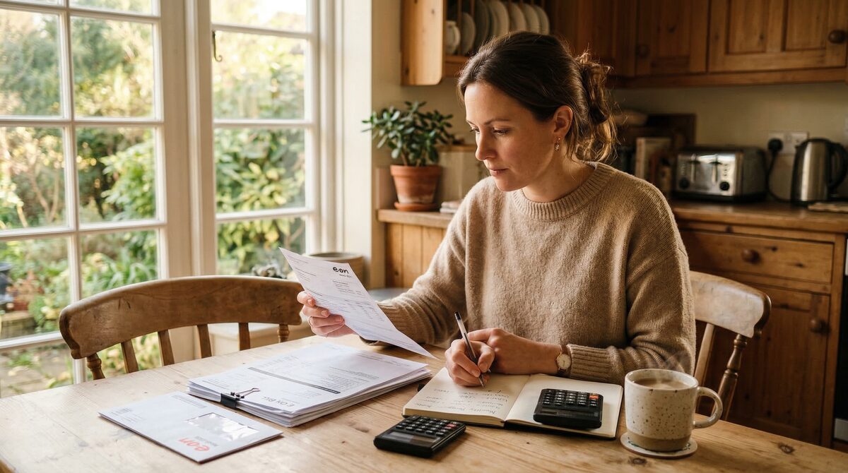 Person reviewing household bills and budget at kitchen table with calculator and notebook