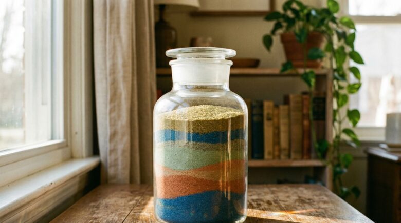 A jar filled with coins labeled sinking fund next to a budget planner representing saving for irregular expenses