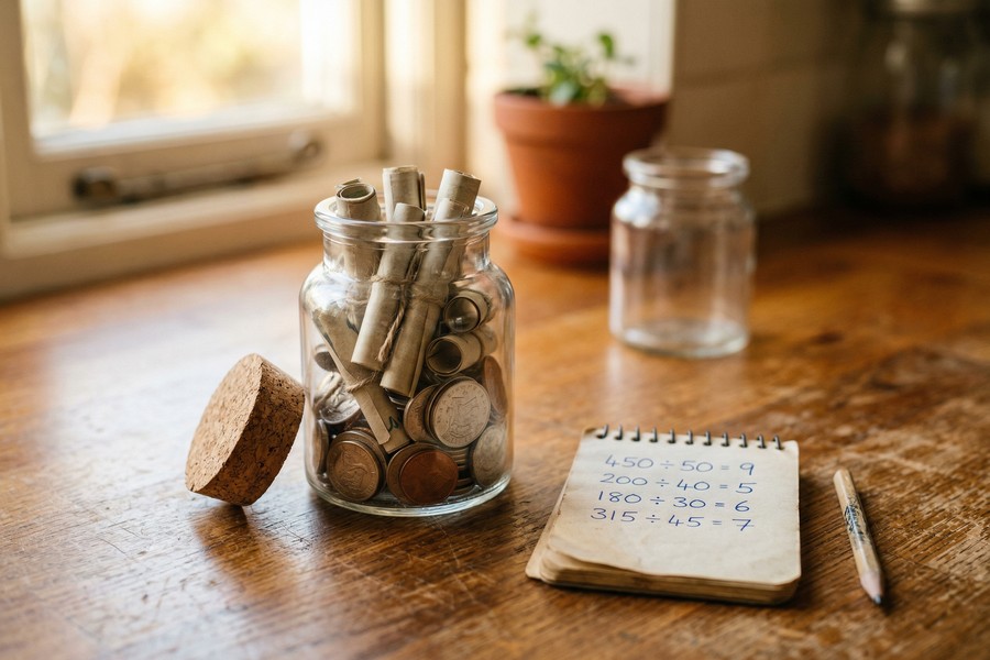 Simple diagram showing how one paycheck splits into multiple labeled sinking fund jars.