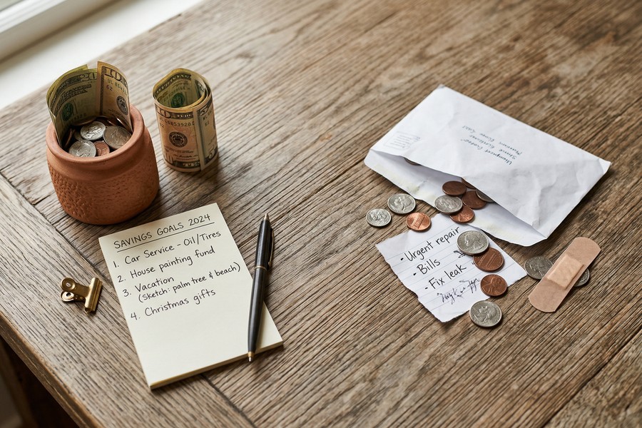 A simple chart showing a sinking fund savings plan growing month by month toward a goal