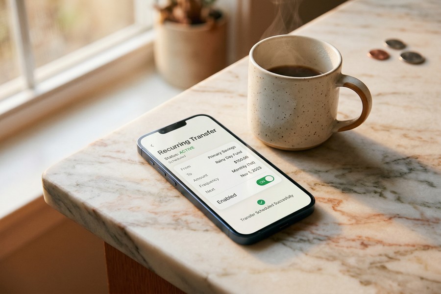 Person using a phone app to set up automatic savings transfers into labeled sinking fund accounts