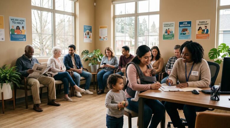 A diverse group of people in a community assistance office waiting room, with a caseworker helping a young mother with paperwork