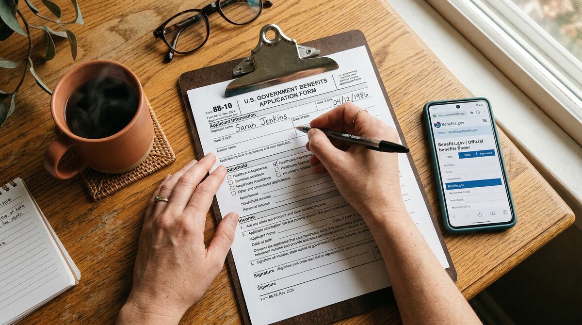 Hands filling out a government benefits application form on a clipboard with a pen and smartphone showing benefits.gov