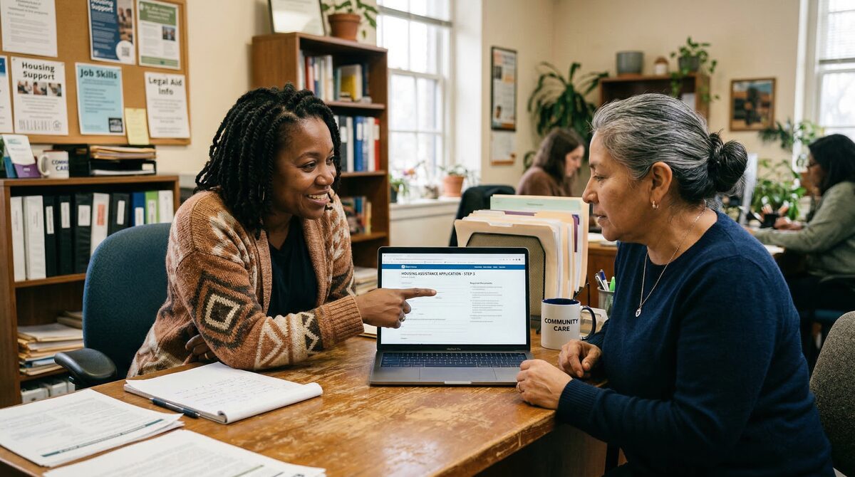 A community advocate helping a middle-aged person navigate a government benefits application on a computer screen