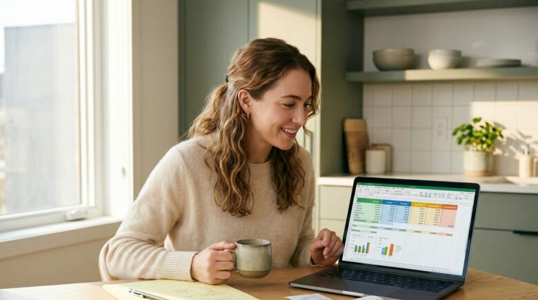 Person creating a zero based budget on paper with a calculator and pen on a desk