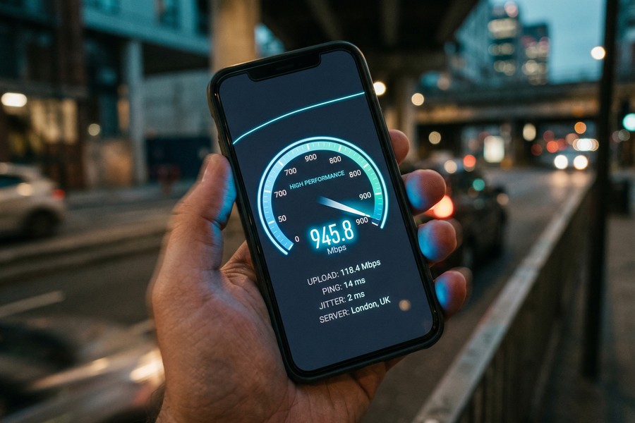 Side-by-side speed comparison chart showing 5G versus Wi-Fi 7 real-world and theoretical speeds