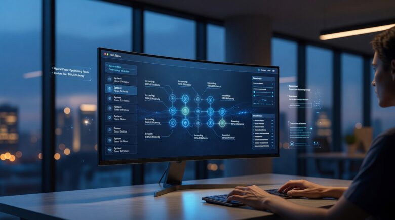 AI agent autonomously managing business workflows on a digital dashboard