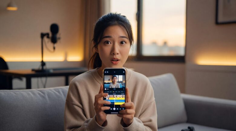 Content creator using AI to auto edit raw footage on a mobile phone
