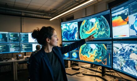 AI system analyzing global climate patterns and weather data on digital screens