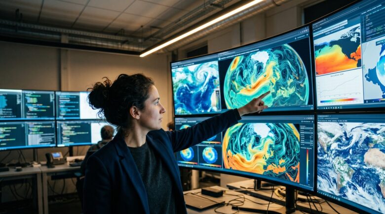 AI system analyzing global climate patterns and weather data on digital screens