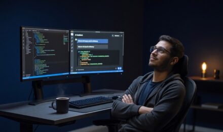Developer using AI code debugging tools to automatically write and fix code on a computer screen
