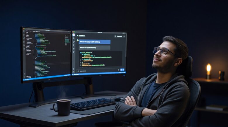 Developer using AI code debugging tools to automatically write and fix code on a computer screen