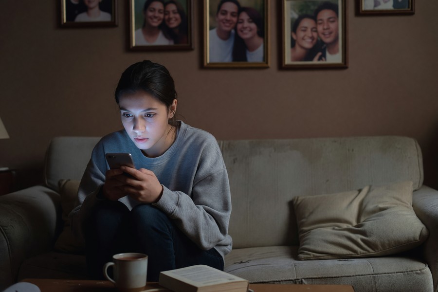 Person using AI companion app on smartphone, showing emotional support chat interface at night