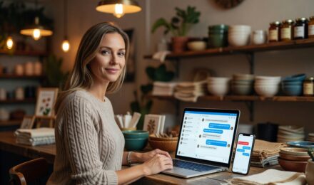 Small business owner using AI customer support automation on a laptop