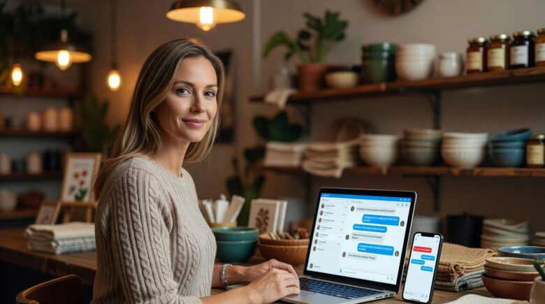 Small business owner using AI customer support automation on a laptop