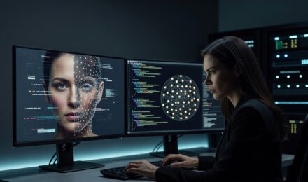 AI system analyzing a deepfake video in real time on a digital screen