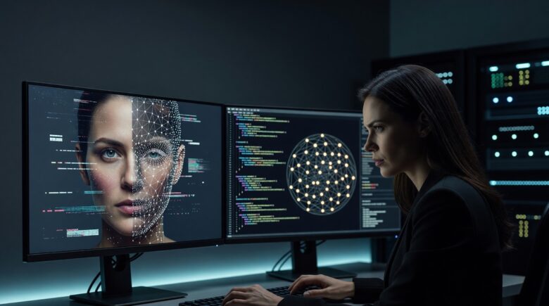 AI system analyzing a deepfake video in real time on a digital screen