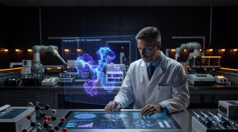 AI-powered drug discovery process with molecular structures and digital data visualization