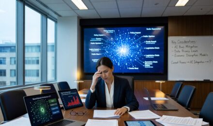 Policymakers reviewing AI governance policy documents alongside rapidly evolving AI technology