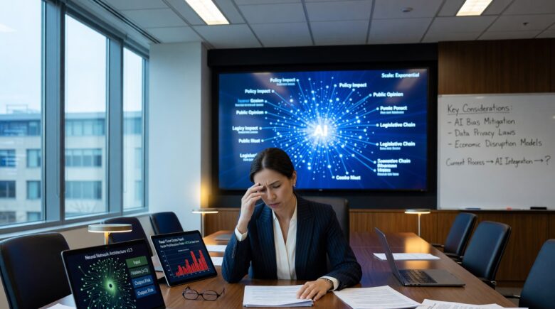 Policymakers reviewing AI governance policy documents alongside rapidly evolving AI technology