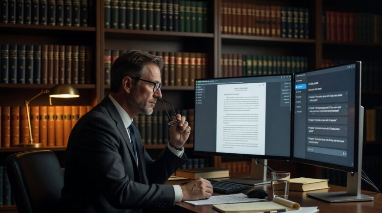 AI legal document generation software automatically drafting a contract on a digital screen