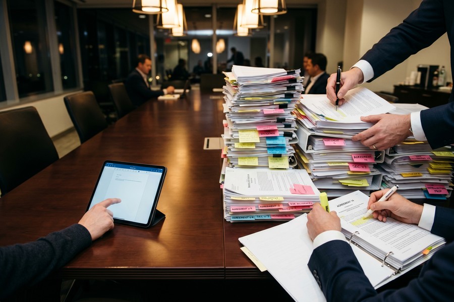 Dashboard of an AI legal document platform showing contract drafting interface with clause suggestions