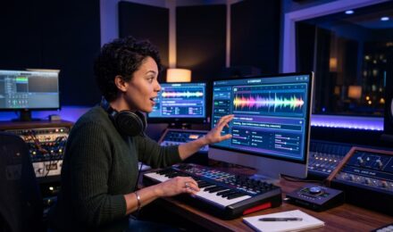 AI music generation text prompt interface creating a song on a futuristic digital platform