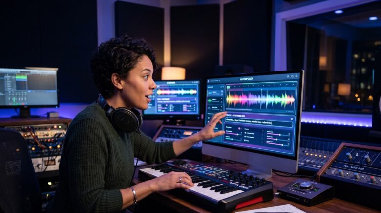 AI music generation text prompt interface creating a song on a futuristic digital platform