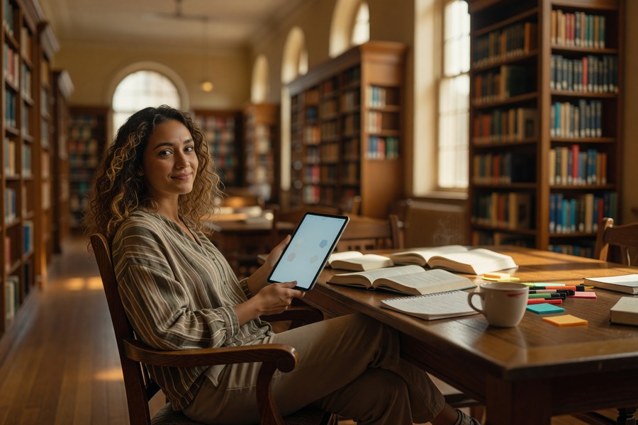 Student using an AI tutoring interface on a laptop in a university setting