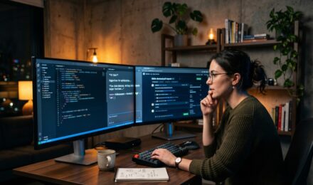 AI code assistant helping developers write and review code on a modern workstation