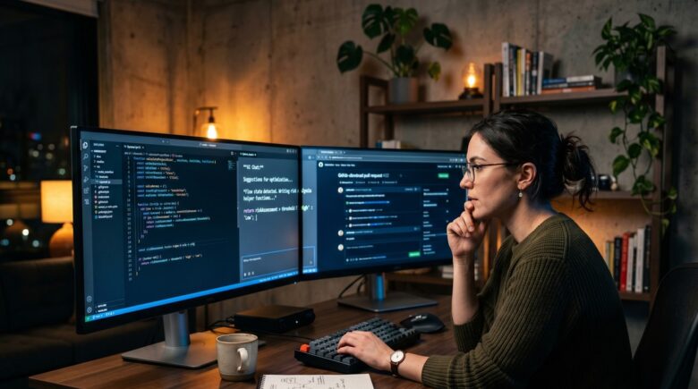 AI code assistant helping developers write and review code on a modern workstation