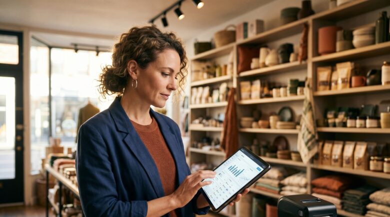 Small business owner using AI pricing tools on a laptop to compete with big retailers