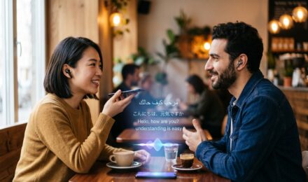 AI-powered real-time language translation interface showing multilingual conversation in 2026