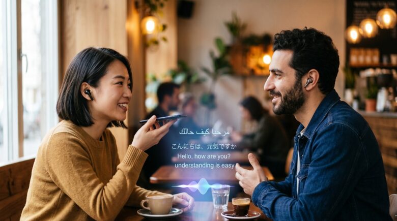 AI-powered real-time language translation interface showing multilingual conversation in 2026
