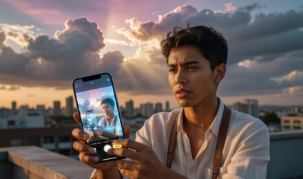 Photographer using AI sky editing mobile app to mask and replace sky in a landscape photo