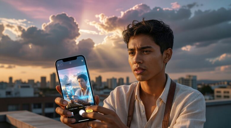 Photographer using AI sky editing mobile app to mask and replace sky in a landscape photo