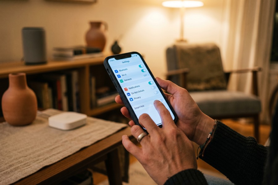 Privacy settings dashboard on a smartphone managing smart home device permissions