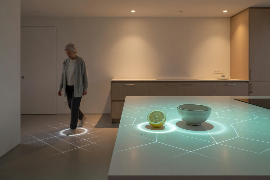 Smart kitchen countertop identifying food items and displaying recipe suggestions