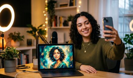 Person using an AI portrait app on a smartphone to transform a selfie into a digital painting