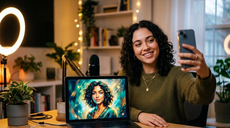 Person using an AI portrait app on a smartphone to transform a selfie into a digital painting