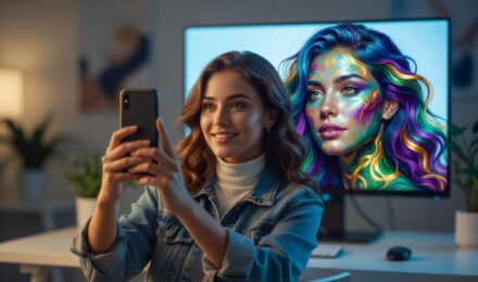Person using an AI portrait app on a smartphone to transform a selfie into a digital portrait