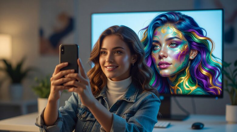 Person using an AI portrait app on a smartphone to transform a selfie into a digital portrait