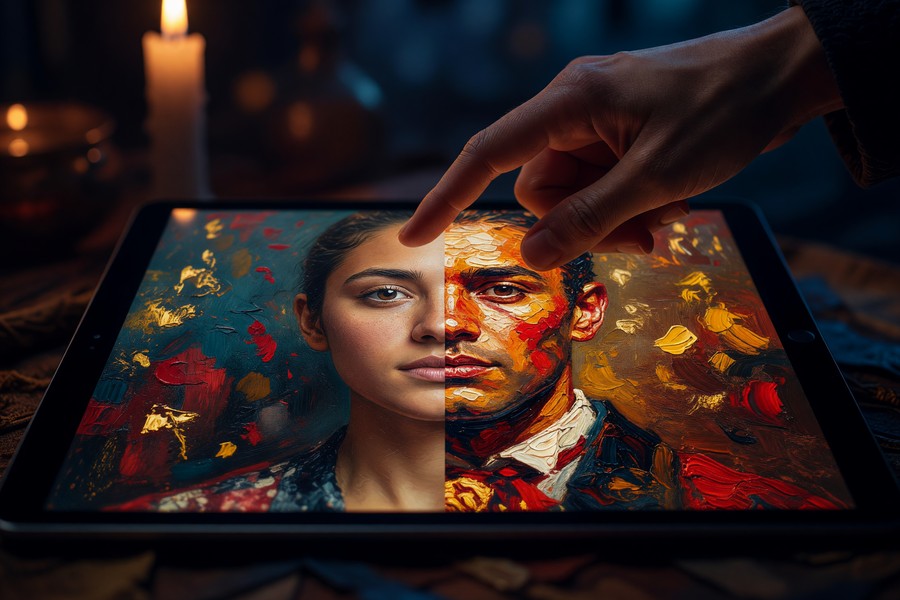 User uploading a set of varied selfies into an AI portrait app on a smartphone