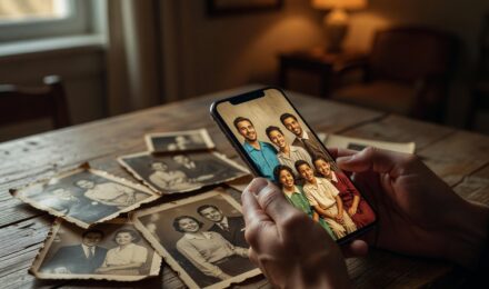 Smartphone screen showing a colorize old photos app transforming a black and white vintage photo into color