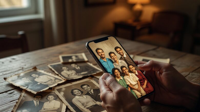 Smartphone screen showing a colorize old photos app transforming a black and white vintage photo into color