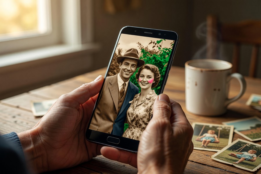 Side-by-side comparison of the same black-and-white portrait colorized by three different apps